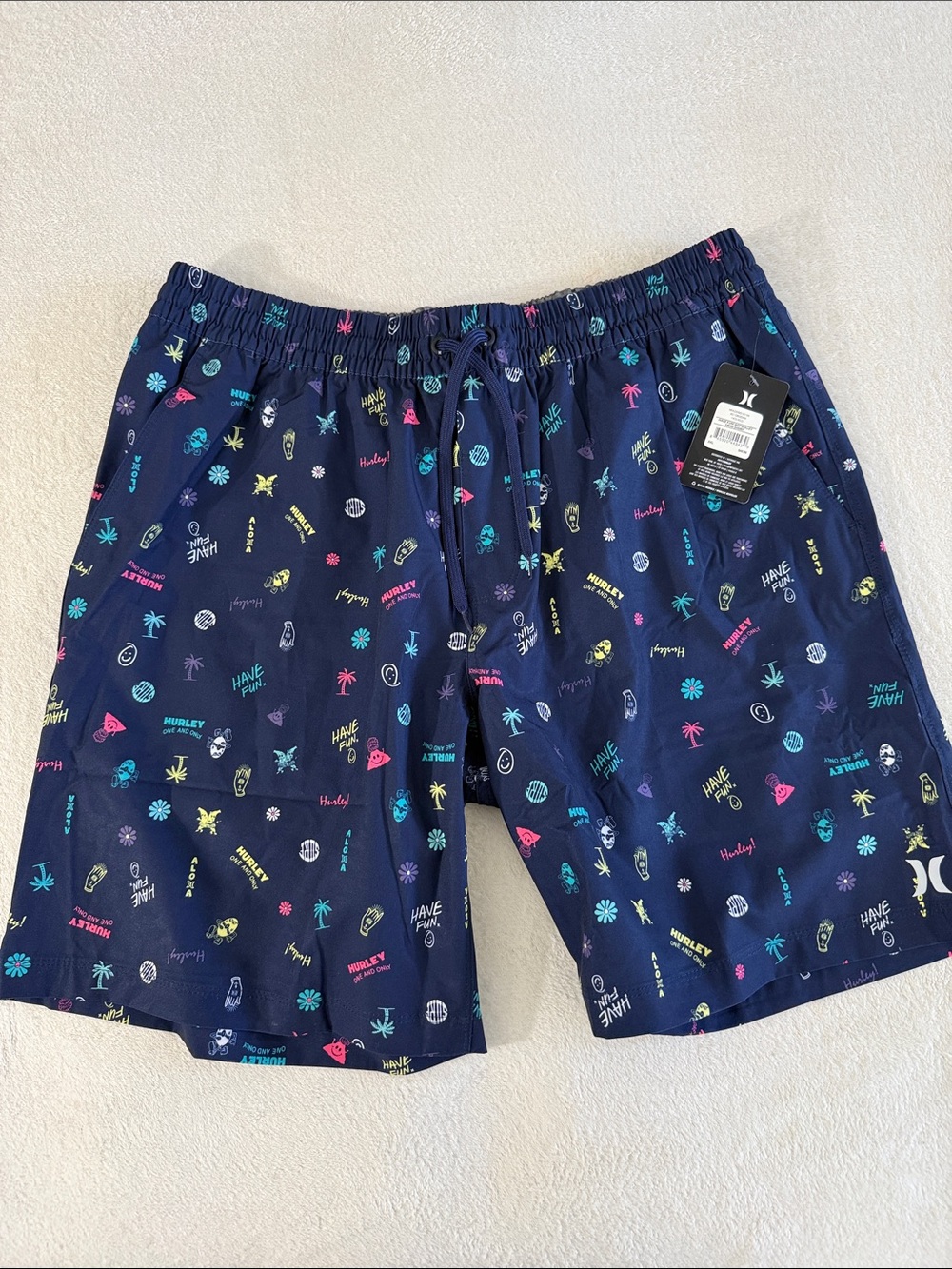 Hurley Men’s Navy Swim Shorts with Neon Tropical Icons